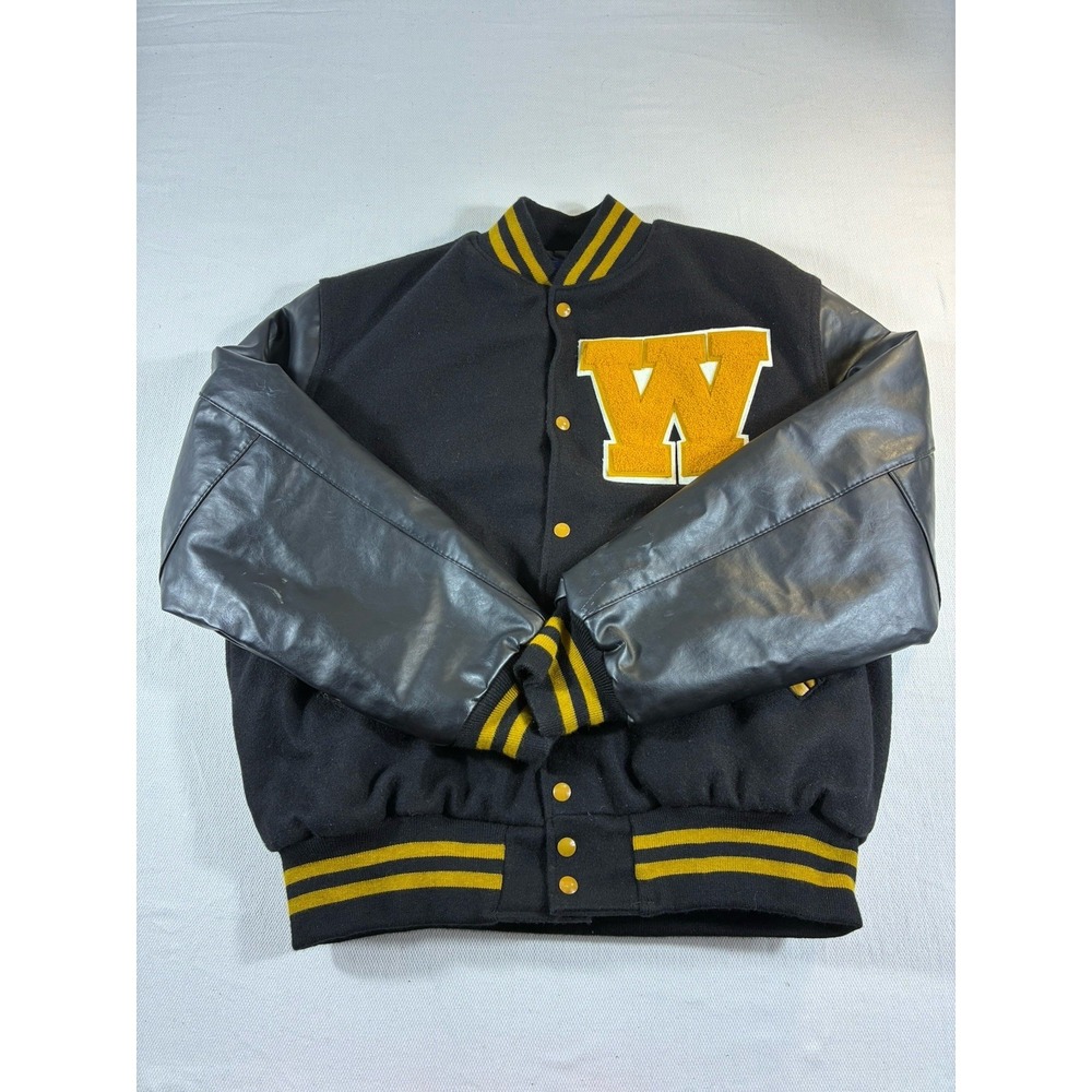 Vintage Holloway‎ Varsity Jacket Mens XL Black Yellow Letterman Wool Leather USA